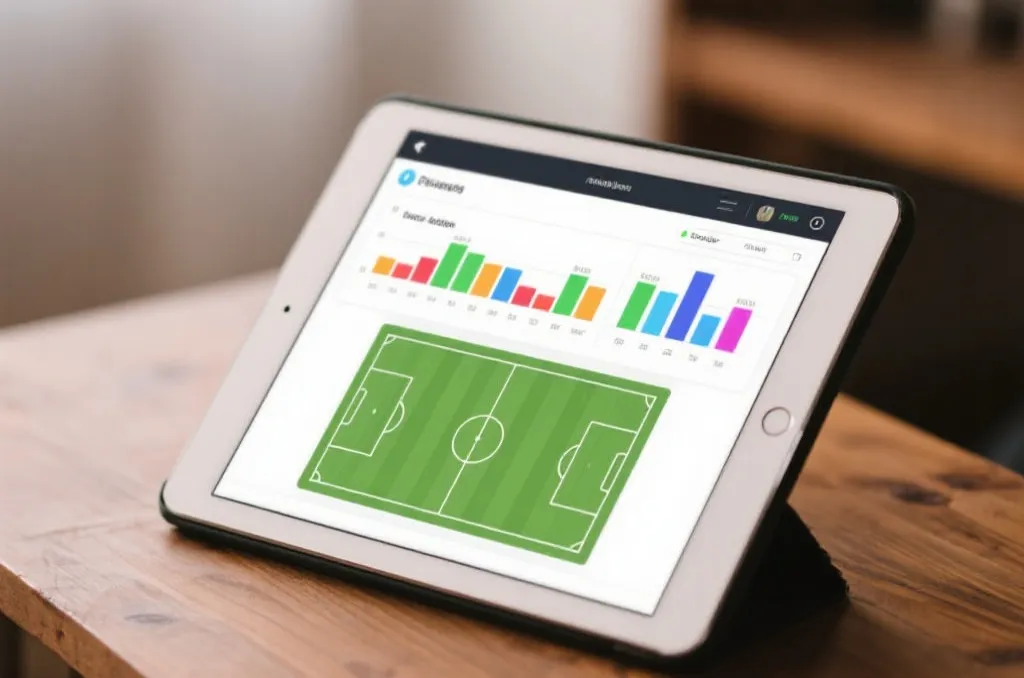 Close up of a tablet displaying a clean sports statistics app with colorful charts and generic soccer field layout